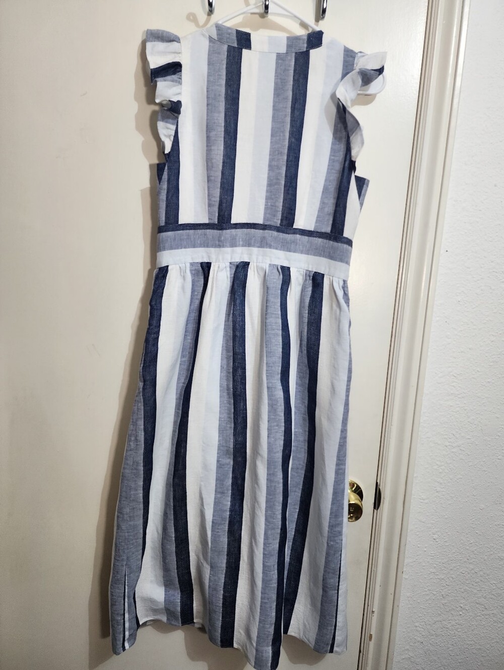 J.Crew Point Sur Linen Striped Midi Dress Size 6 Button Front Pockets Coastal - Picture 4 of 9